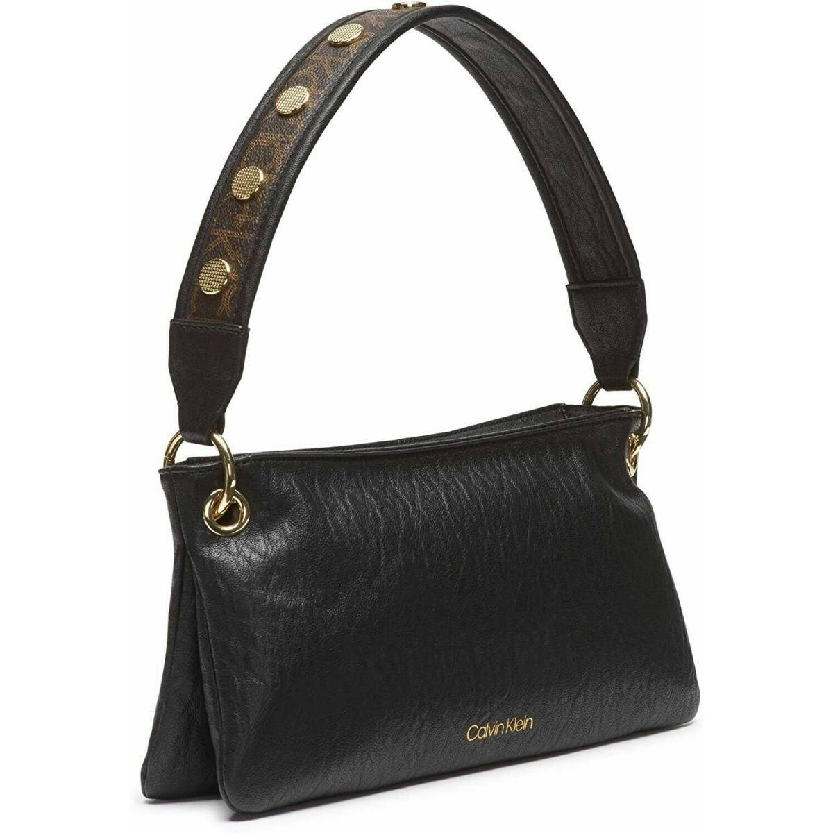 Calvin Klein Raya Logo Studded Demi Shoulder Bag Signature Logo Strap Top Zip - Exterior: Black