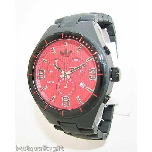 Adidas Cambridge Acrylic Matte Black Band+red Chrono Watch+date ADH2623