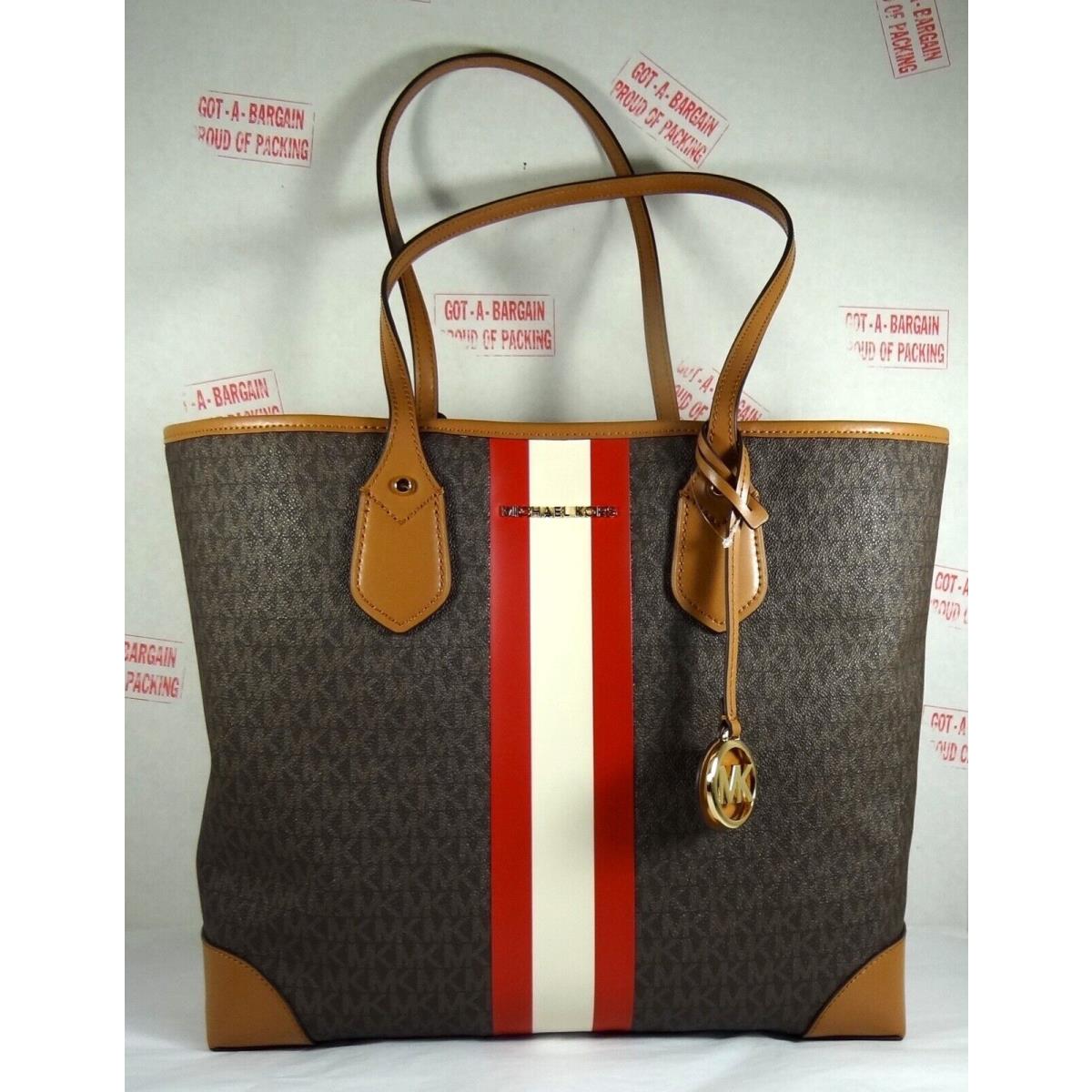 Michael Kors Eva MK Signature Pvc Leather Large Travel Tote with Pouch Bright Red/Brown/Gold