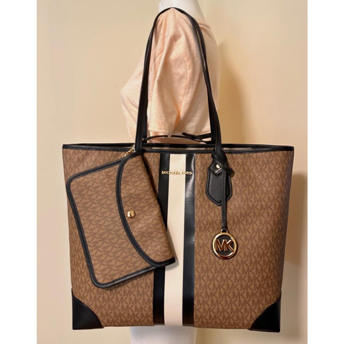 Michael Kors Eva MK Signature Pvc Leather Large Travel Tote with Pouch Brown-black MULTI/Gold