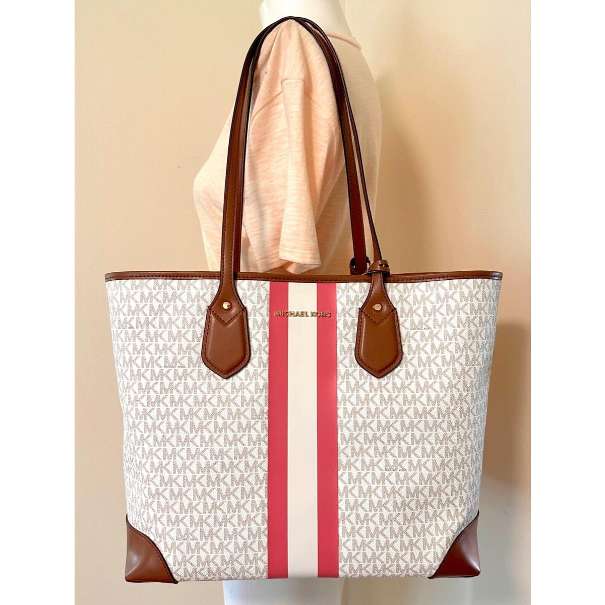 Michael Kors Eva MK Signature Pvc Leather Large Travel Tote with Pouch Tea Rose Multi/Gold