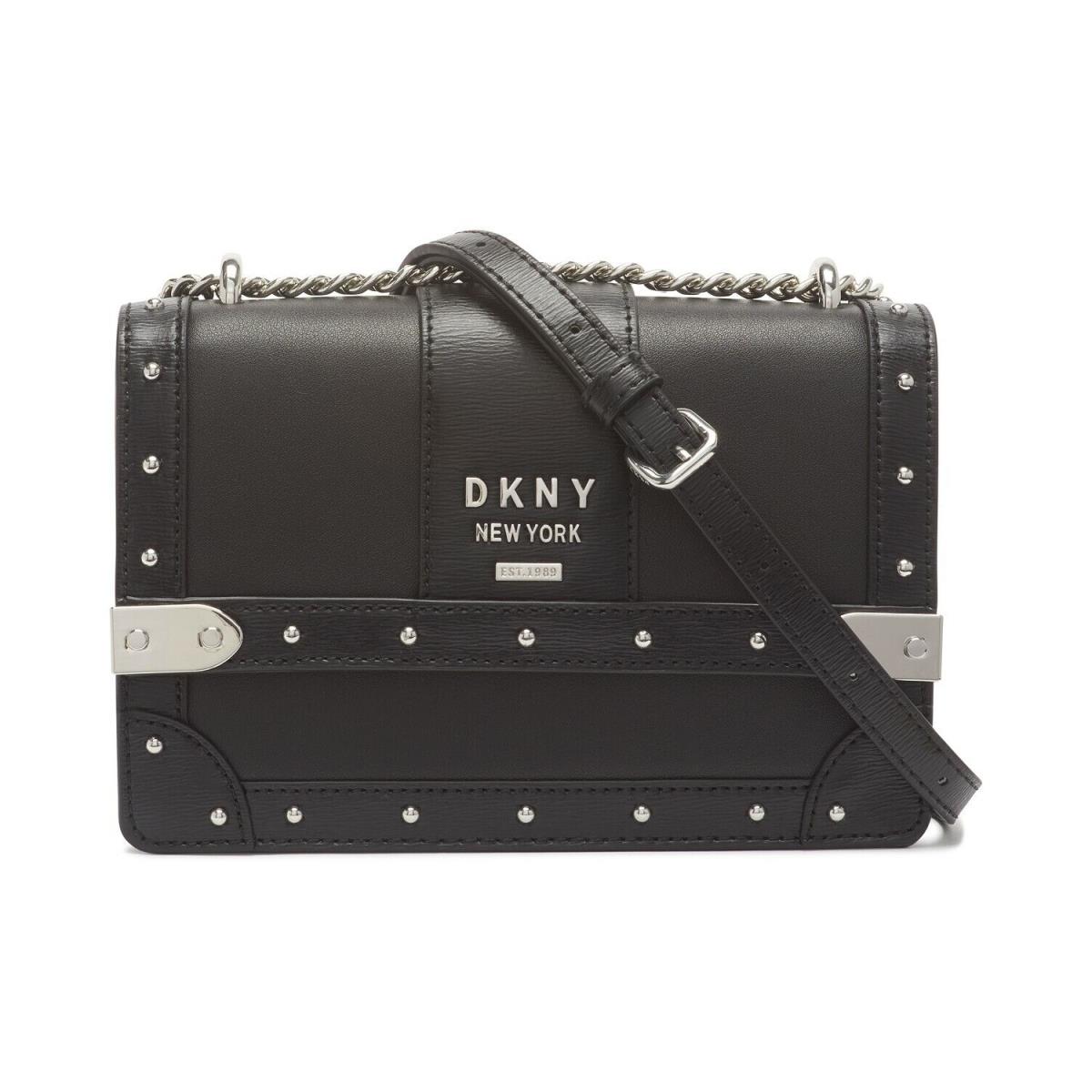Dkny York Black Leather Studded Louise Small Shoulder Flap Flap - Handle/Strap: Black leather with Silver Chain metal, Hardware: Silver, Exterior: Black