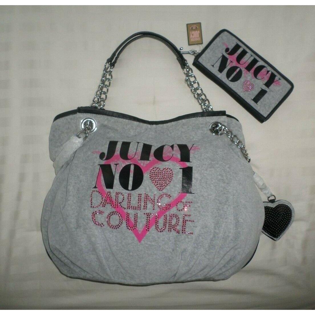 Juicy Couture Love Plumes Velour Dutchess Chain Tote Wallet Set Gray