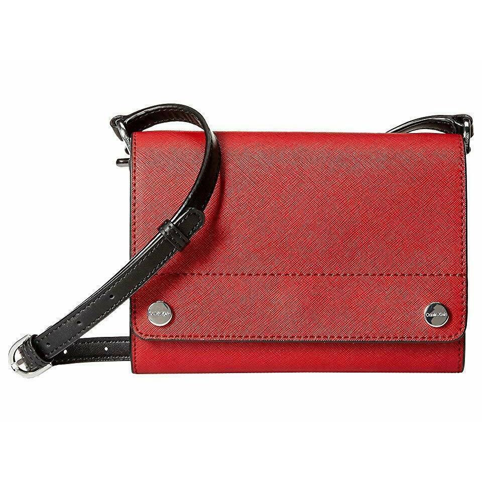 Calvin Klein Saffiano Leather Susan Flap Small Crossbody Red Black