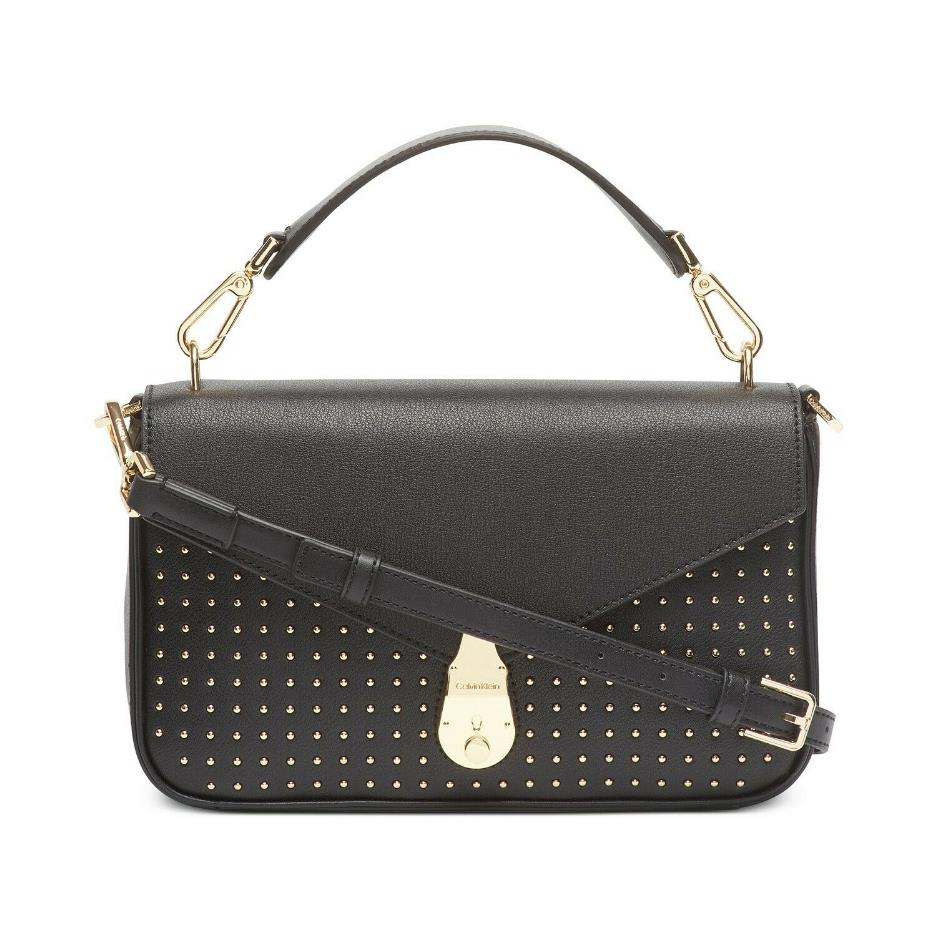 Calvin Klein Black Lock Leather Studded Shoulder Handbag