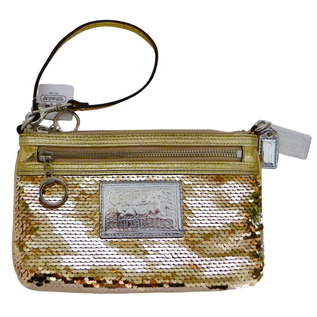 Coach Poppy Gold Sequined XL Spotlight Wristlet Clutch Purse Rare