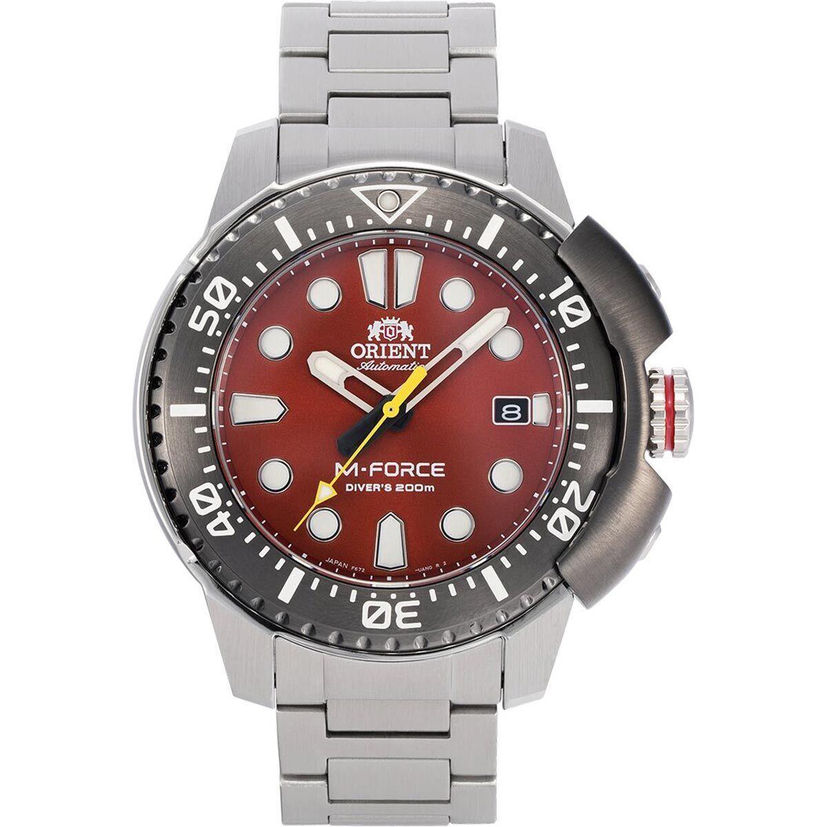 Orient Men`s Watch M-force Automatic Dive Red Dial Steel Bracelet RA-AC0L02R00B