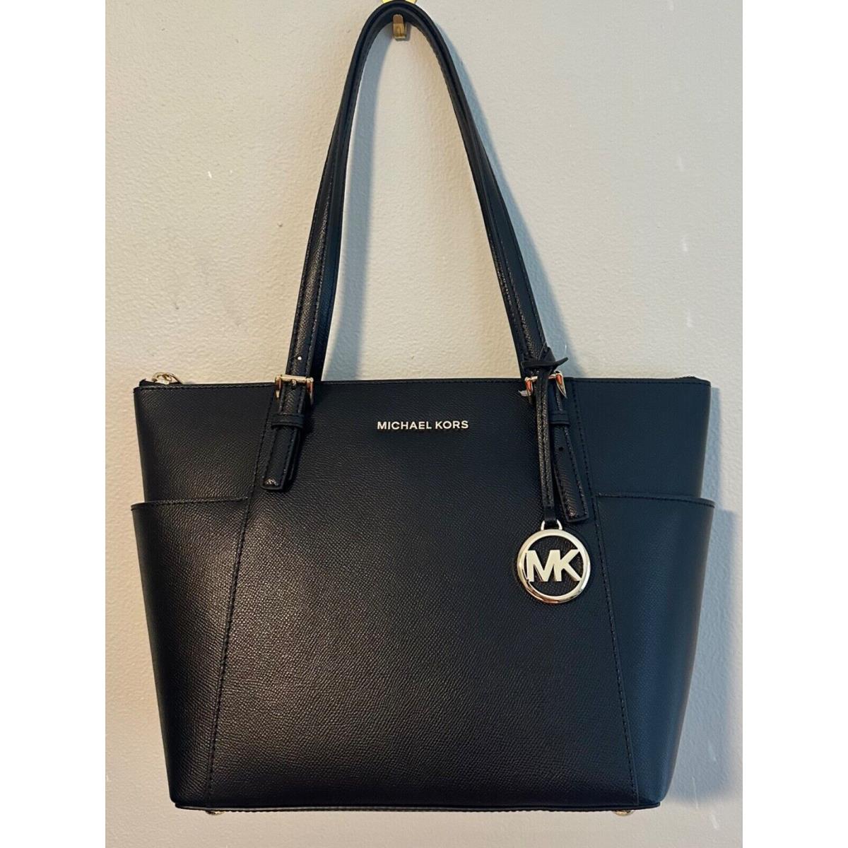 Michael Kors Jet Set East West Medium Top Zip Crossgrain Leather Tote BLACK/GOLD