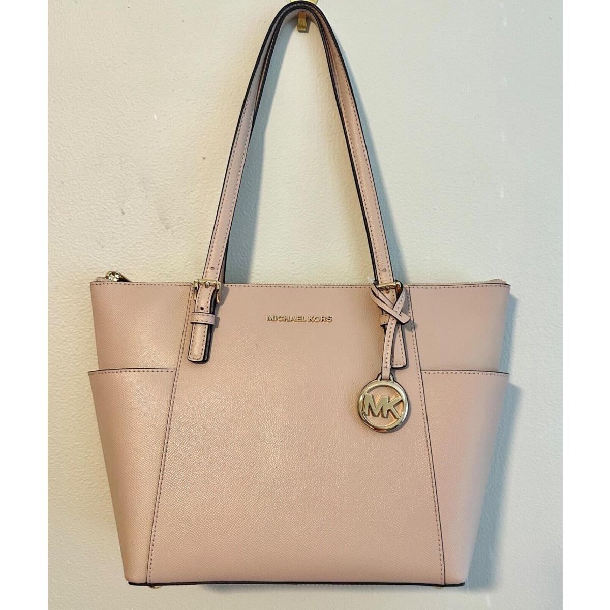 Michael Kors Jet Set East West Medium Top Zip Crossgrain Leather Tote Soft pink/gold