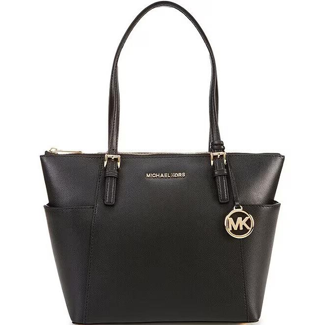 Michael Kors Jet Set East West Medium Top Zip Crossgrain Leather Tote BLACK/GOLD