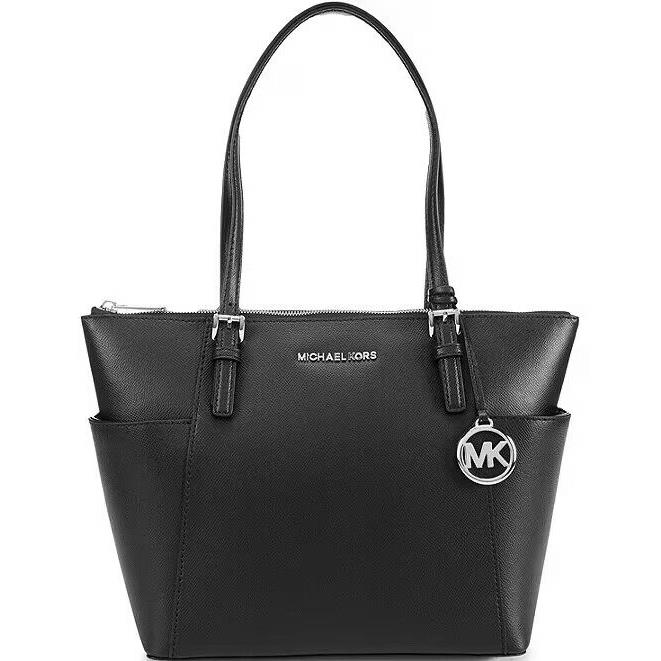 Michael Kors Jet Set East West Medium Top Zip Crossgrain Leather Tote BLACK LEATHER/SILVER