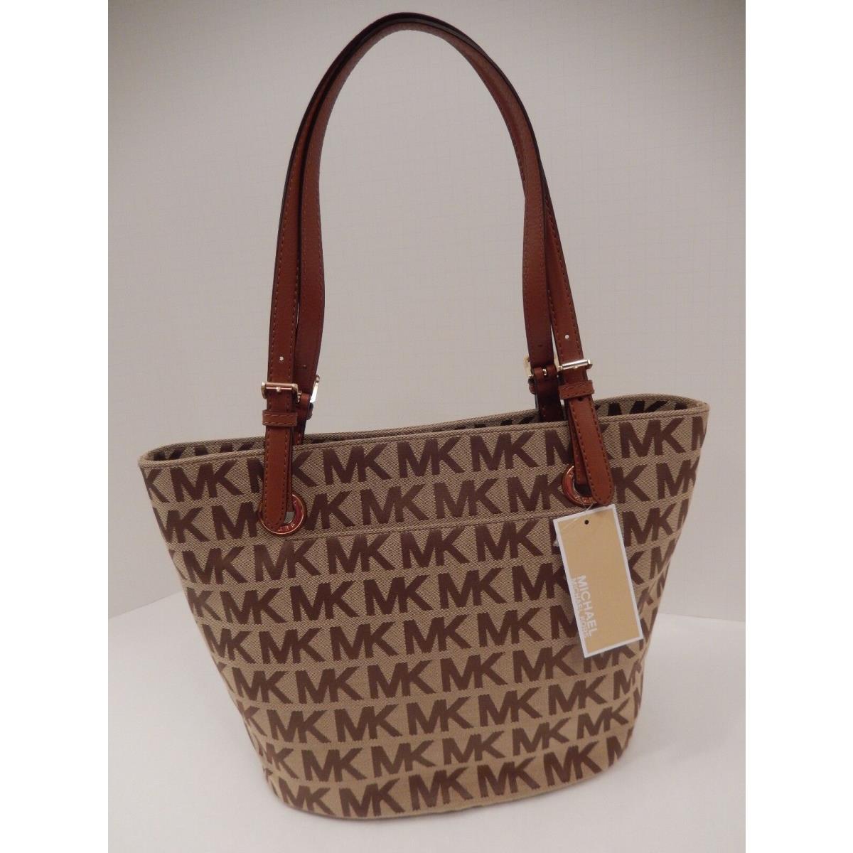 Michael Kors Beige Camel Black Gray Gold Signature Handbag MD Tote