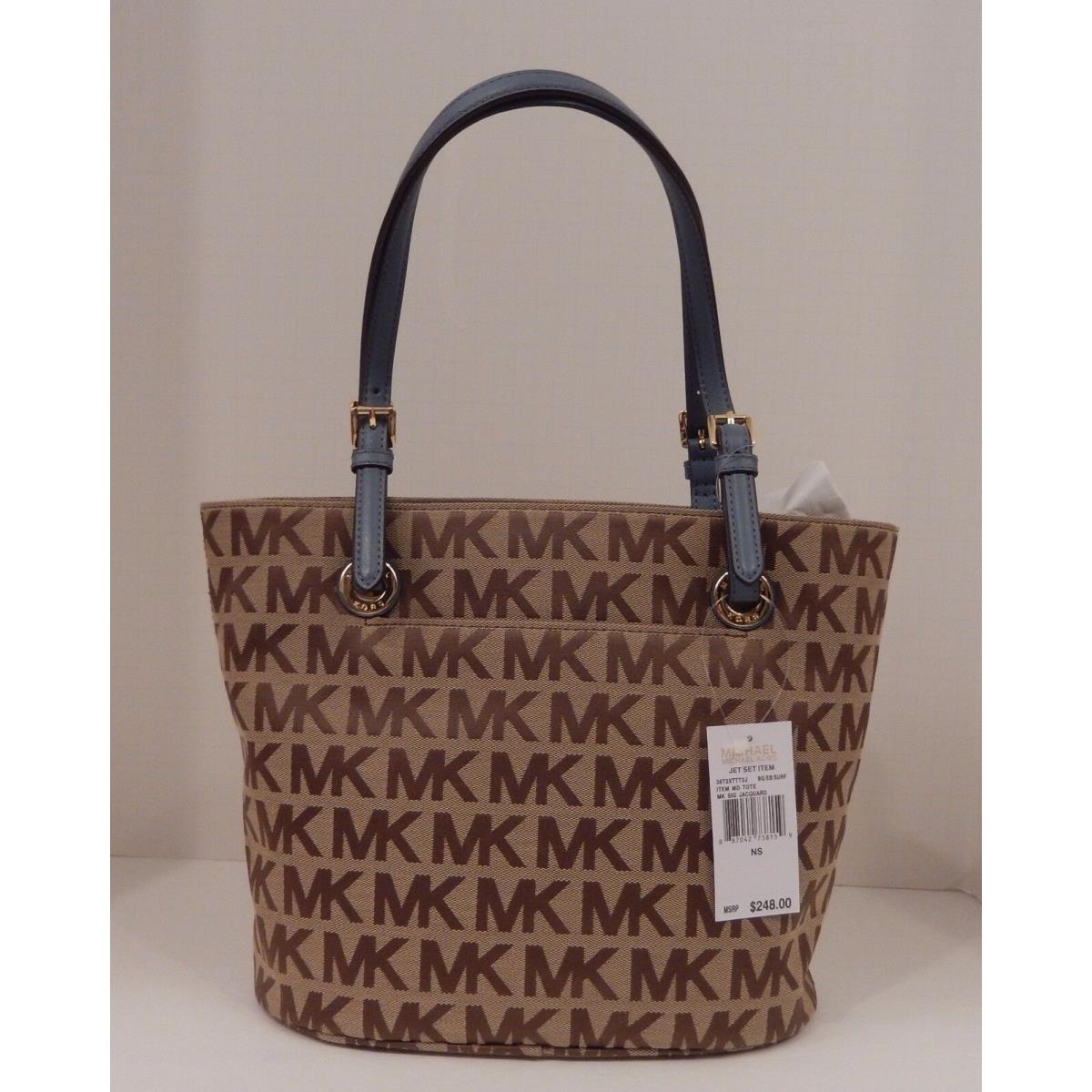 Michael Kors Beige Camel Black Gray Gold Signature Handbag MD Tote Beige/Ebony/Surf