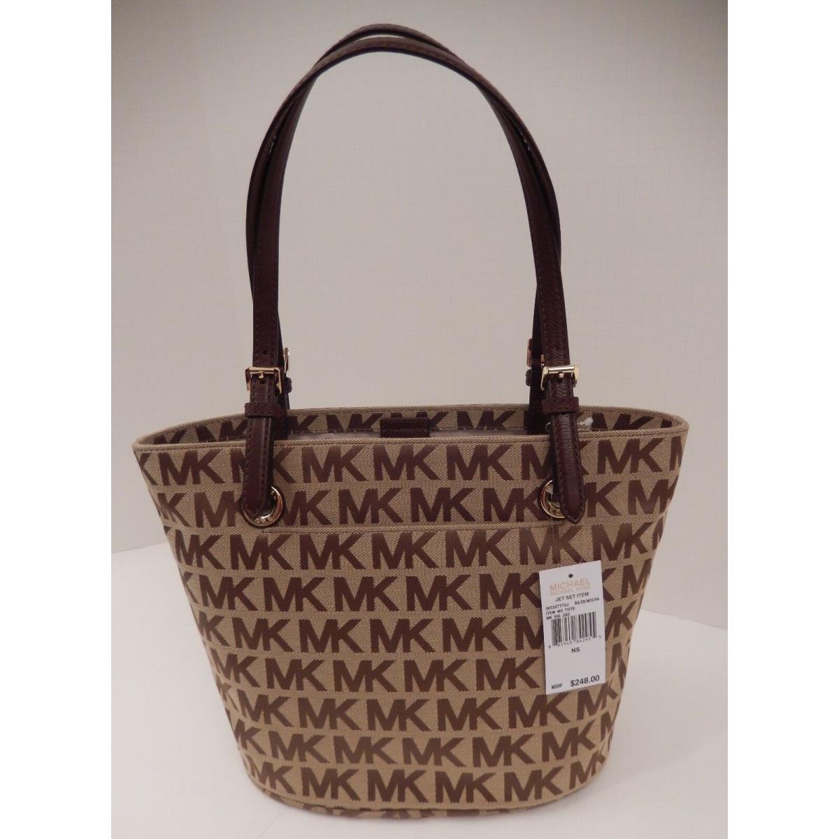 Michael Kors Beige Camel Black Gray Gold Signature Handbag MD Tote Beige/Ebony/Mocha