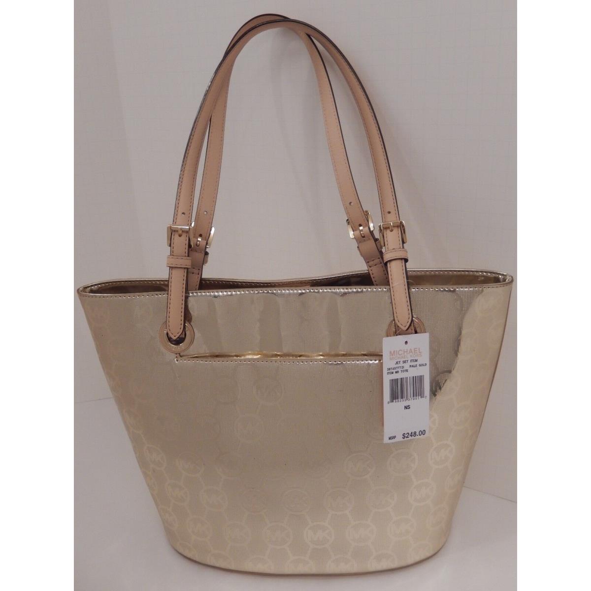 Michael Kors Beige Camel Black Gray Gold Signature Handbag MD Tote Pale Gold