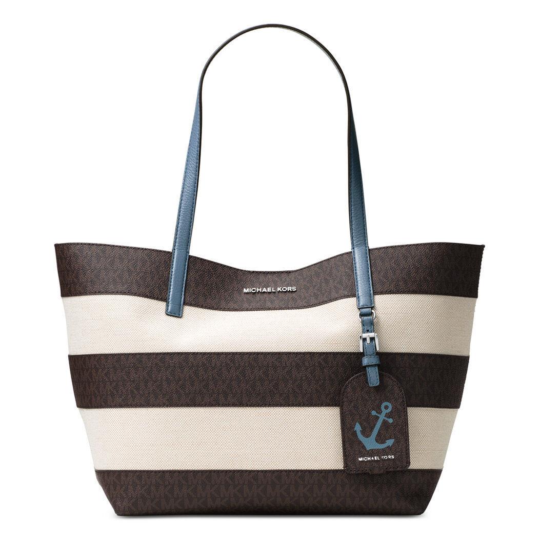 Kors Striped Large East West Tote Brown/Denim