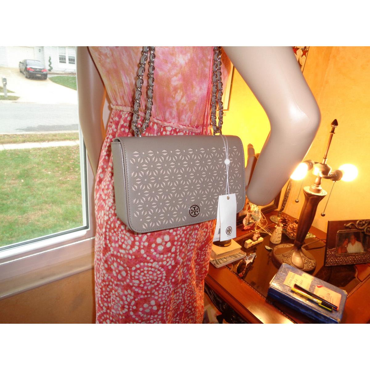 Tory Burch Robinson Floral Perforated Shoulder Leather French Gray