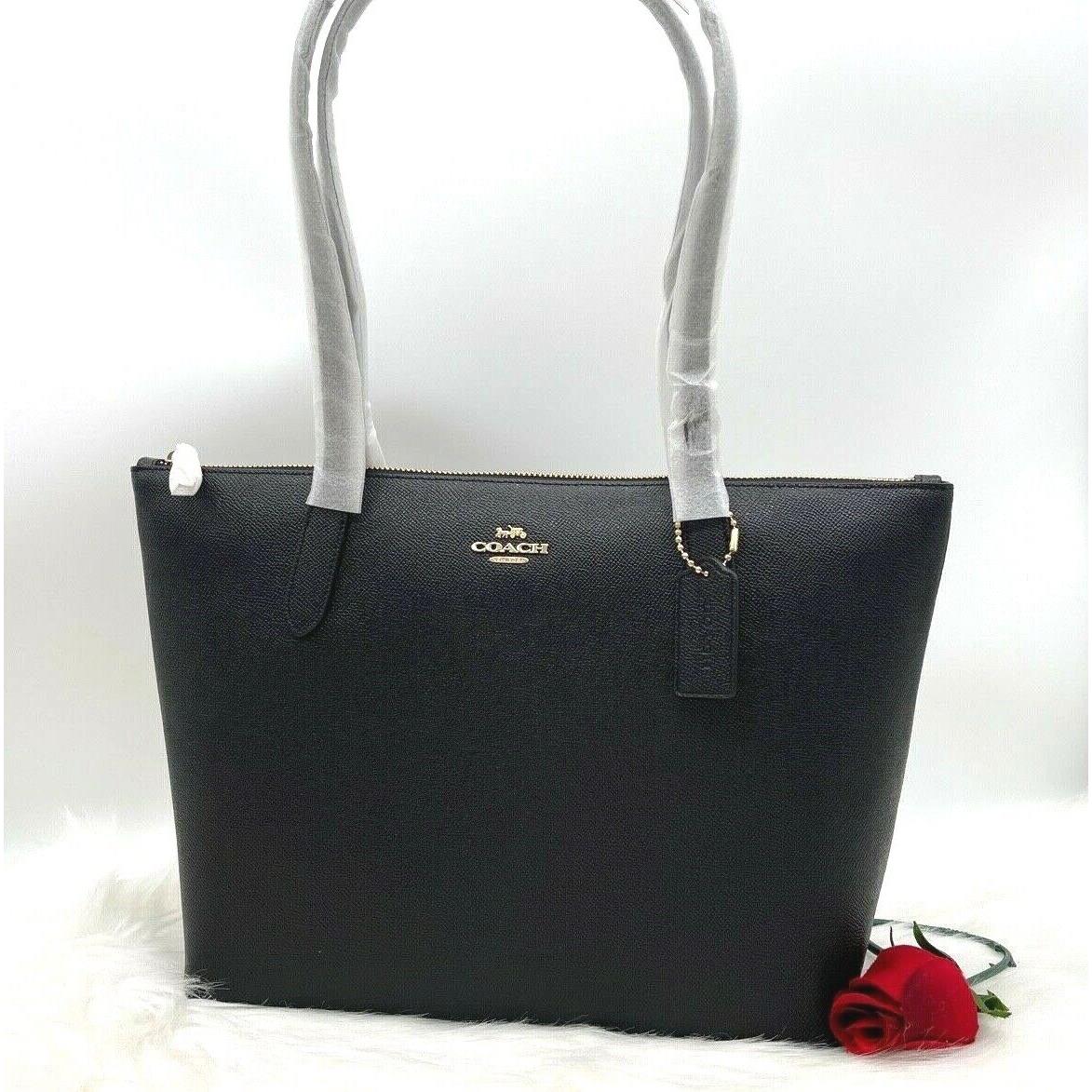 Coach Women`s Zip Top Logo Pebbled Leather Tote Shopper In Black