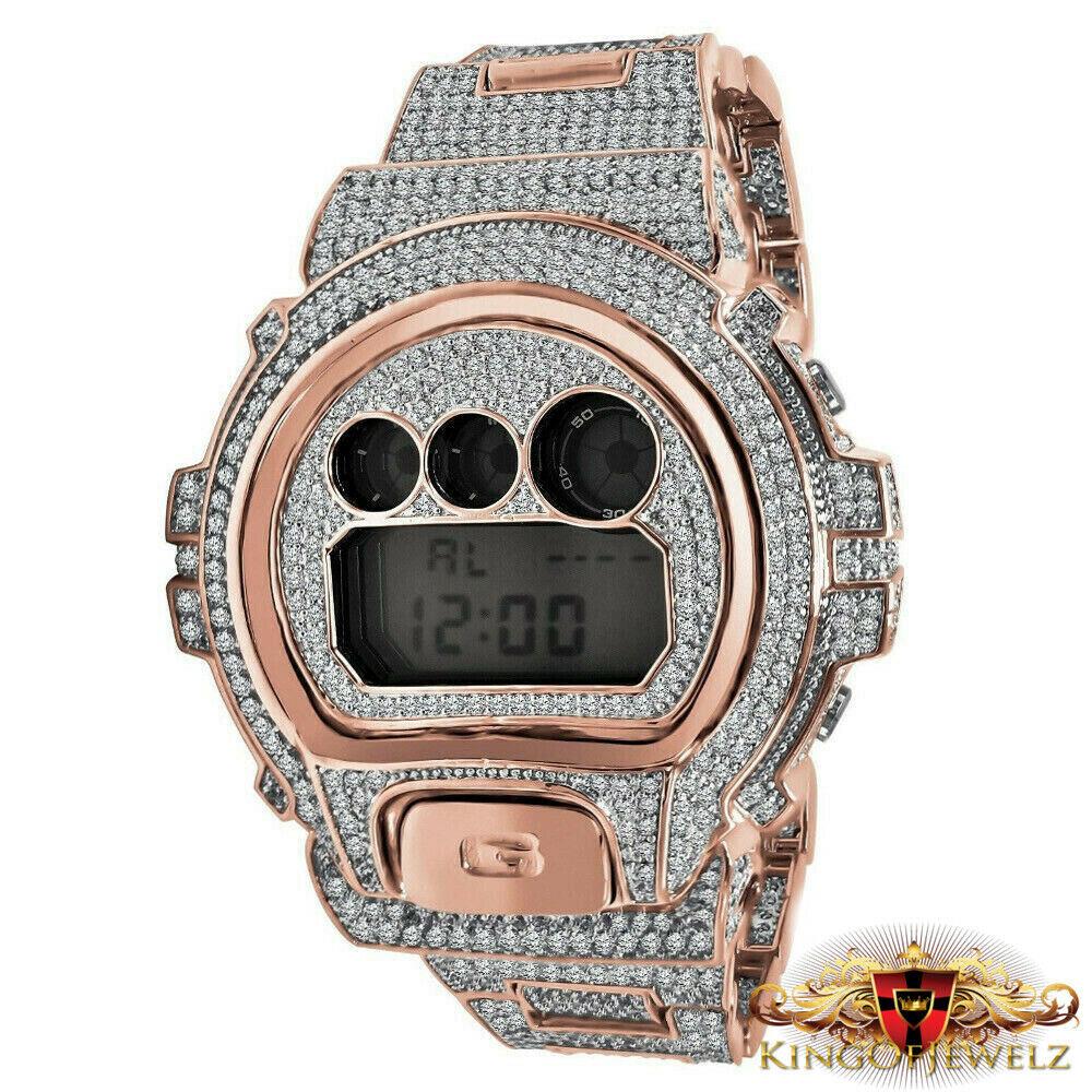 Casio Rose Gold 2 Tone Finish Custom G Shock DW 6900 Simulated Diamond Watch