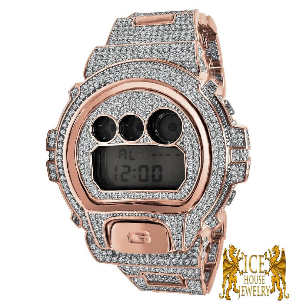 Casio Men`s Custom G Shock DW 6900 Simulated Diamond Rose Gold Custom Watch