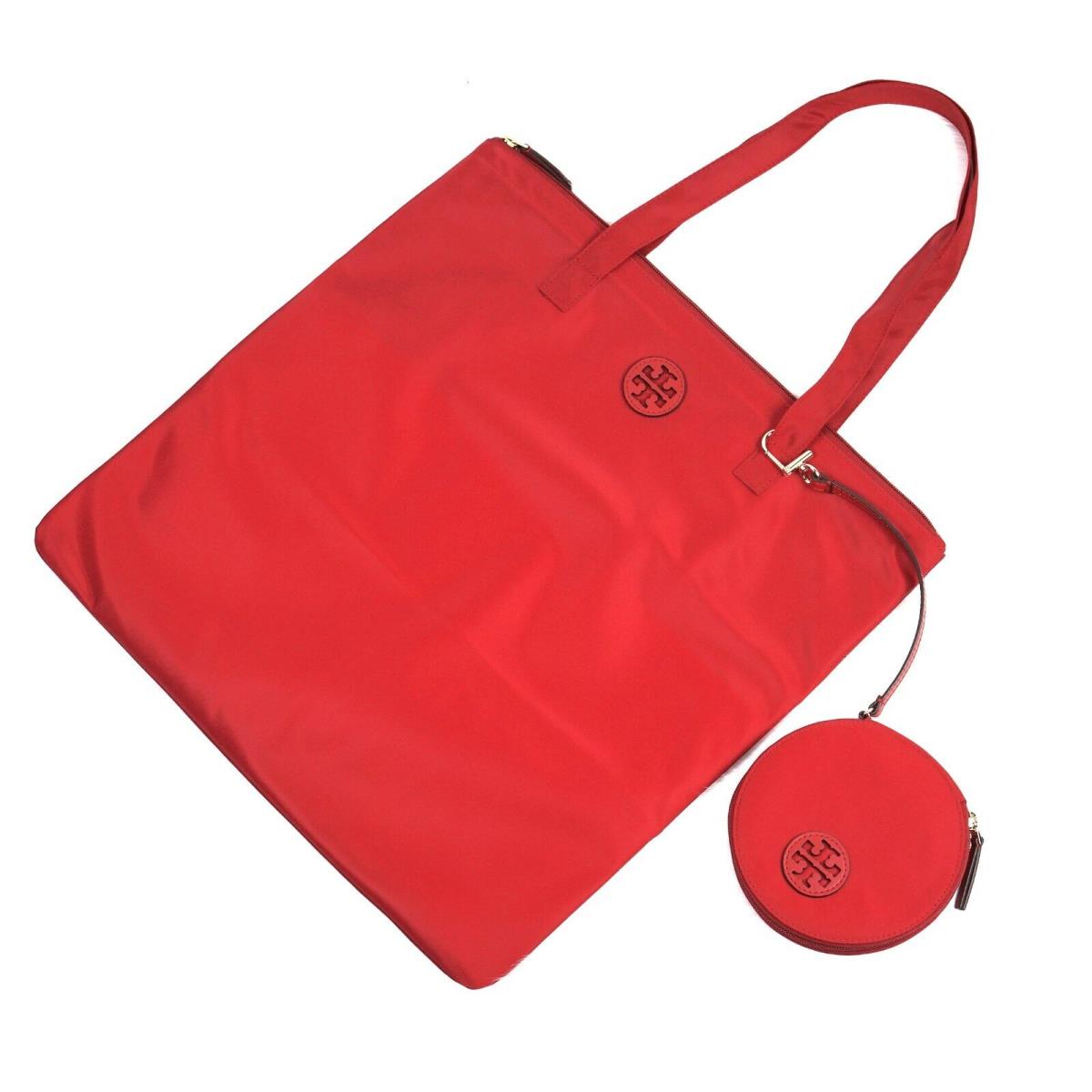 Latest Tory Burch Brilliant Red Nylon Packable Tote 17 x16.25 Travel Bag 78553