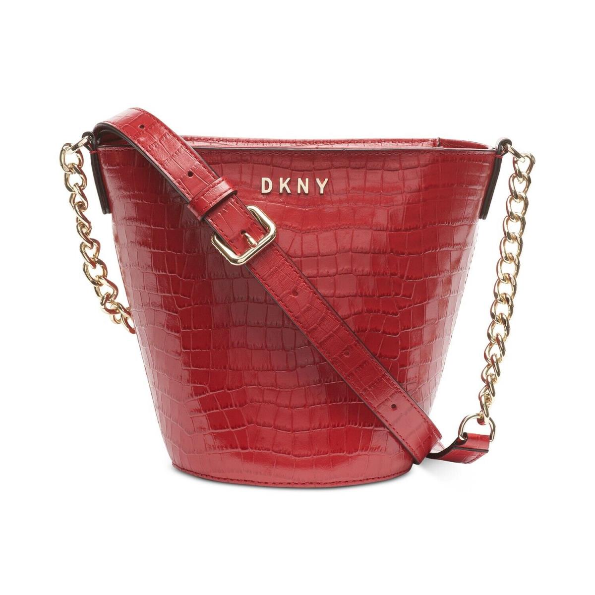 Dkny Kim Leather Chain Bucket Mini Crossbody Crock Embossed Red Top Zip Gold