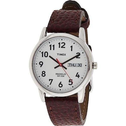 Timex T20041 Men`s Easy Reader Brown Leather Strap Watch - Dial: White, Band: Brown, Bezel: Silver