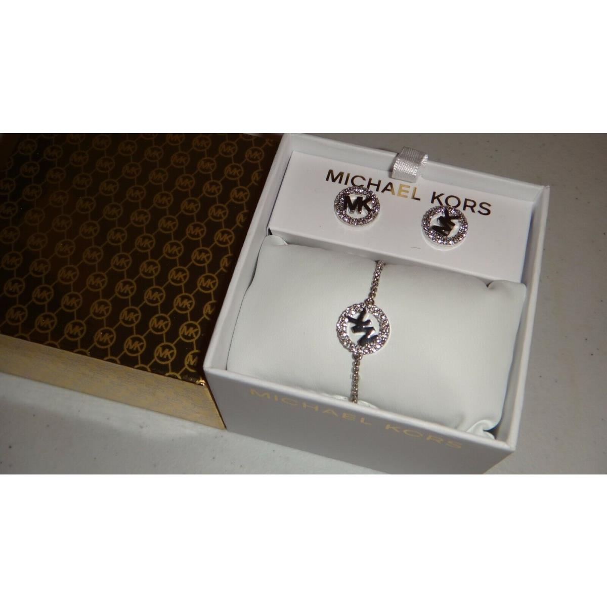 Michael Kors Gift Set Silver Slider Bracelet MK Logo Earrings MKJ7471040 + Box