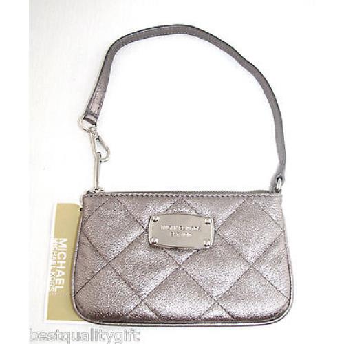 Michael Kors Hamilton Quilt Gunmetal Gray Leather Wristlet Clutch Wallet