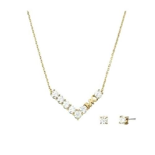 Michael Kors Gold Chain Necklace Crystals Baguette V Shape Earrings MKJ4555