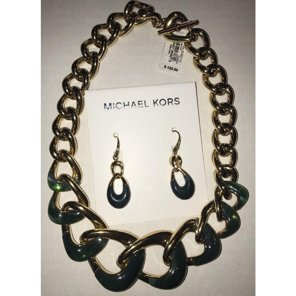 Michael Kors Autumn Luxe Gold Tone Green Chain Collar Necklace Earrings Set