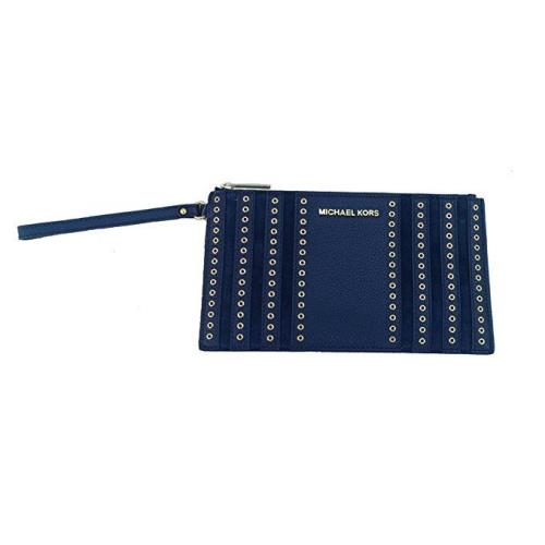 Michael Kors Mini Grommets Navy Blue Leather+suede Zip Wristlet Clutch Handbag