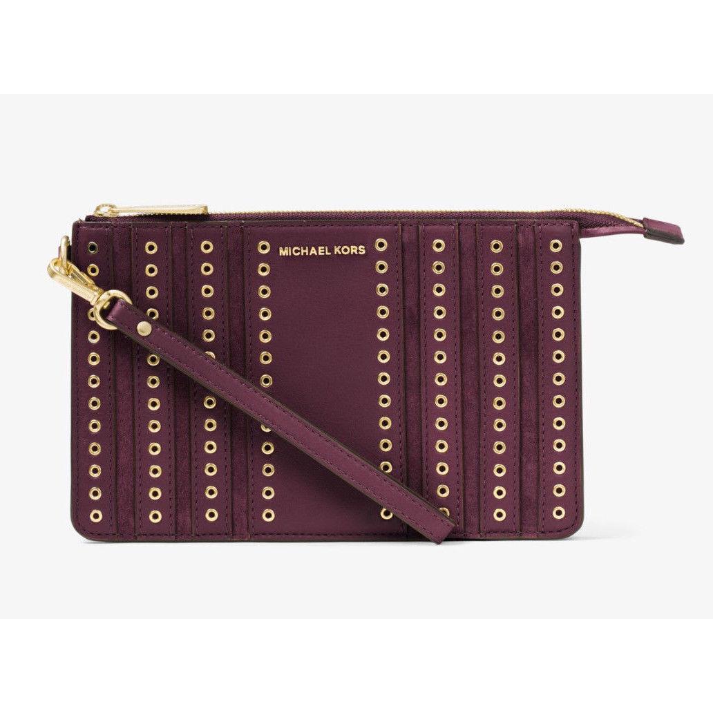 Michael Kors Brooklyn Grommet Plum Leather+calf Hair Gold Zip Wristlet Clutch