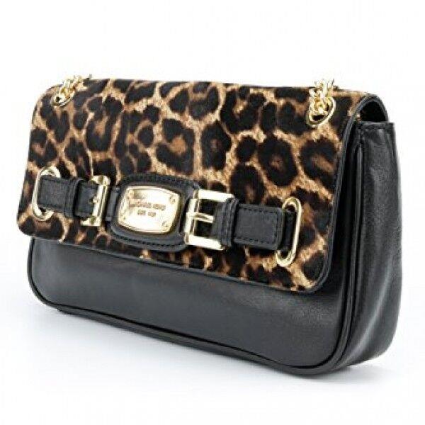 Michael Kors Hamilton Black Leather+cheetah Gold Chain Clutch Shoulder Flap