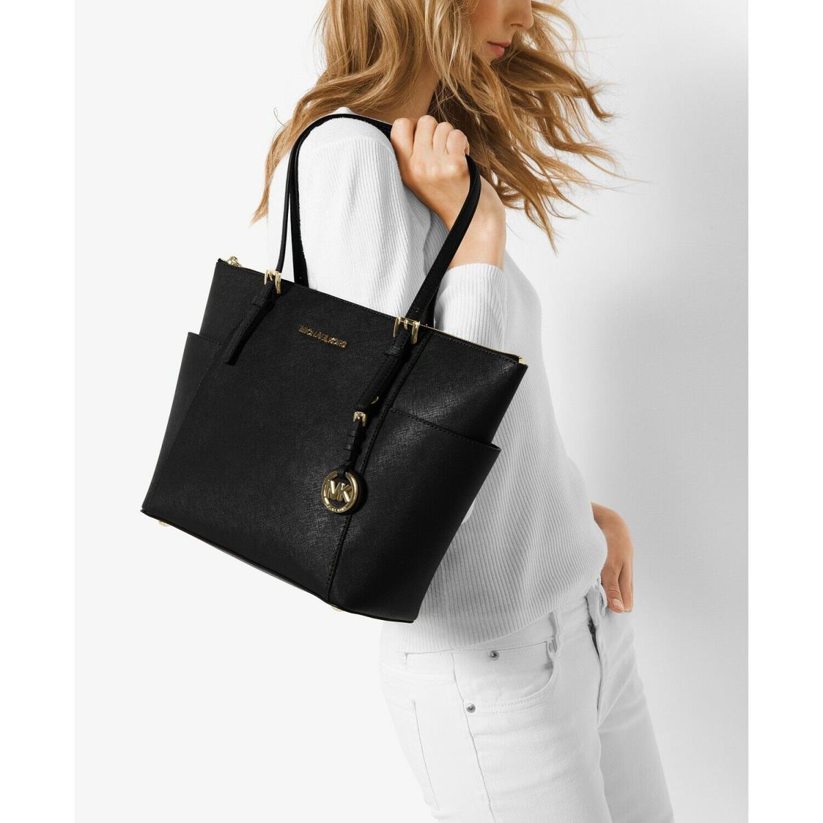 Kors Jet Set Zip Top Leather Shoulder Tote Black