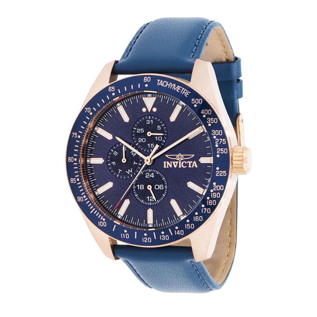 Invicta Men`s 45mm Aviator Quartz Rose Gold Blue Dial Leather Strap Watch 38980 - Gold Dial, Black Band, Black Bezel