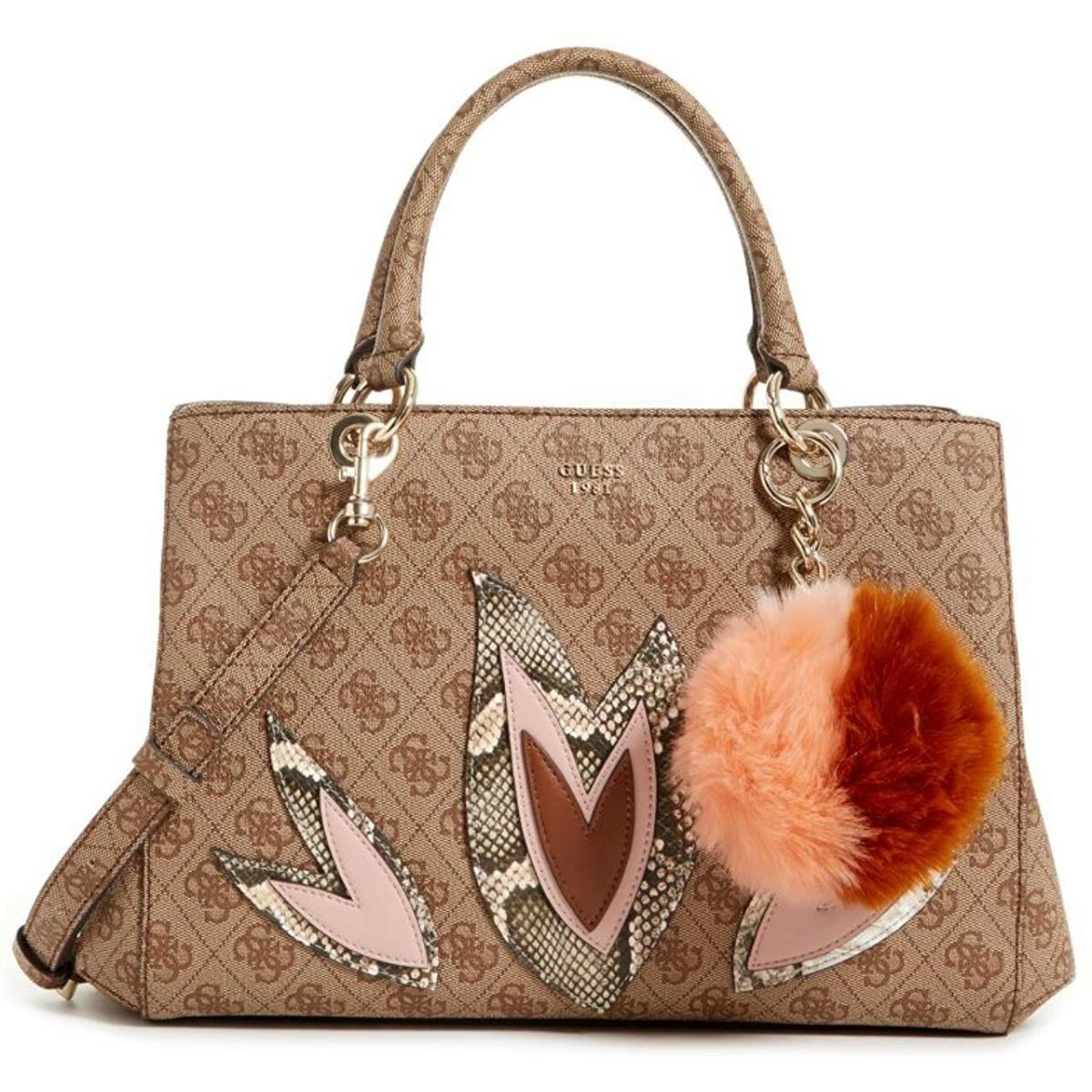 Guess Women`s Jaden Brown Print Logo Floral Detail Satchel Handbag Purse