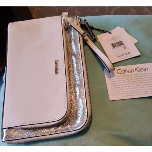 Calvin Klein White Silver Metallic Hand Bag Wristlet Purse /clutch