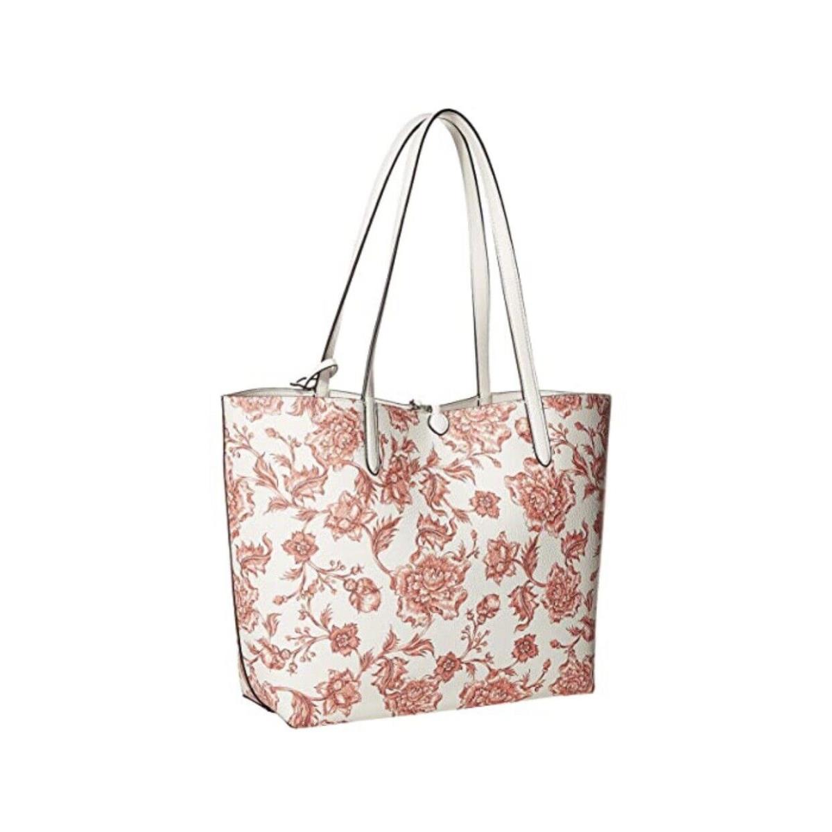 Ralph Lauren Pebble Grain Reversible Tote Medium White Pink Flowers Silver