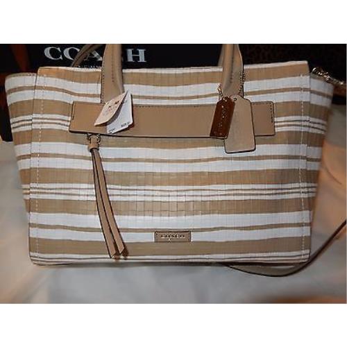 Coach Bleecker Riley Carryall Tote Fawn White Woven Embossed Leather 31002 - Exterior: Tan & White