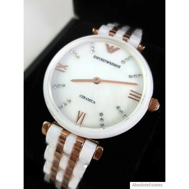 Emporio Armani Rose Gold White Ceramic Mop Dial Ladies Watch AR1489