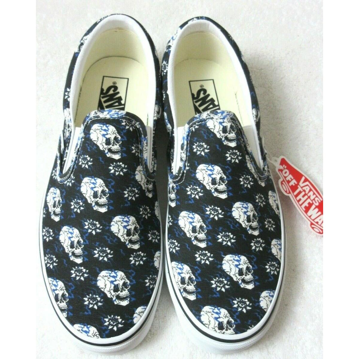 Vans Men`s Classic Slip On Flash Skulls Black White Canvas Shoes Size 9.5