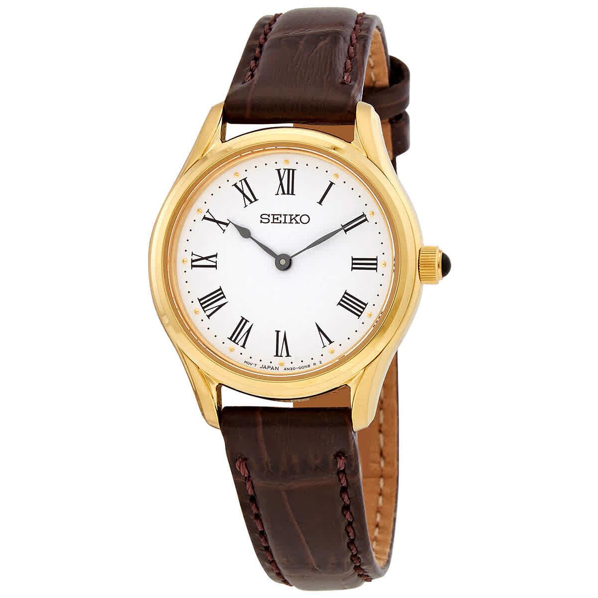 Seiko Ladies Watch Quartz White Dial Brown Leather Strap Sapphire Gold SWR072