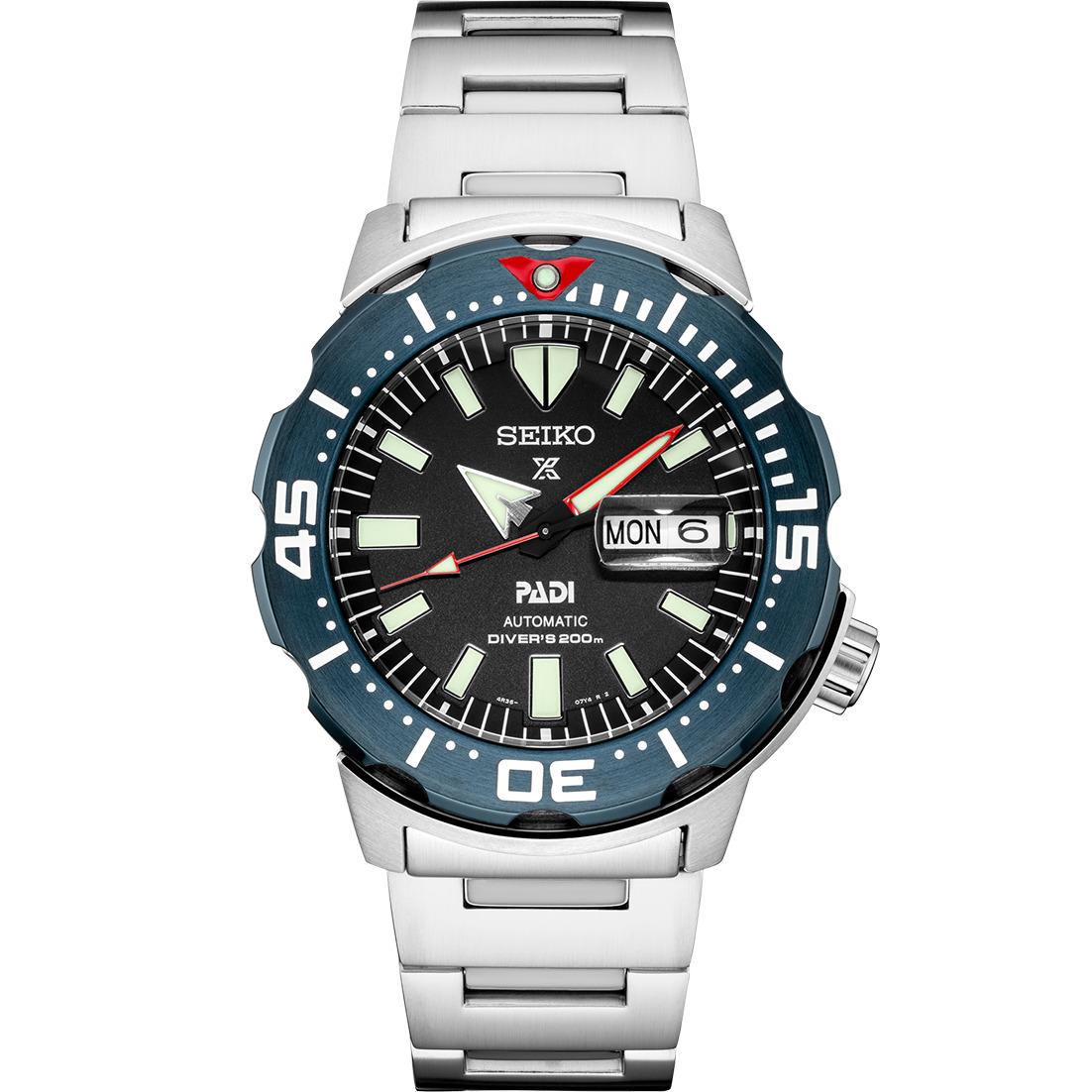 Seiko SRPE27 Prospex Padi Special Edition 42mm Steel Diver Automatic Men`s Watch - Dial: Black, Band: Silver, Bezel: Blue