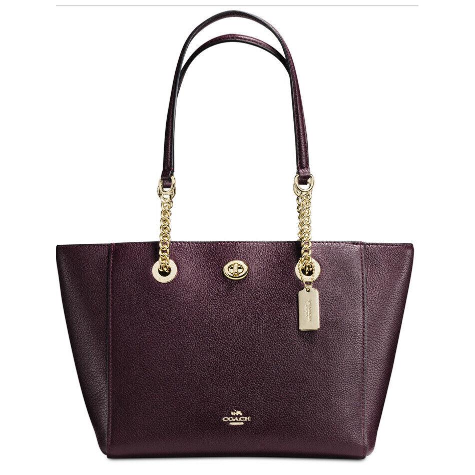 Coach 57107 Turnlock Gold Chain Tote 27 in Pebble Leather Oxblood Bag