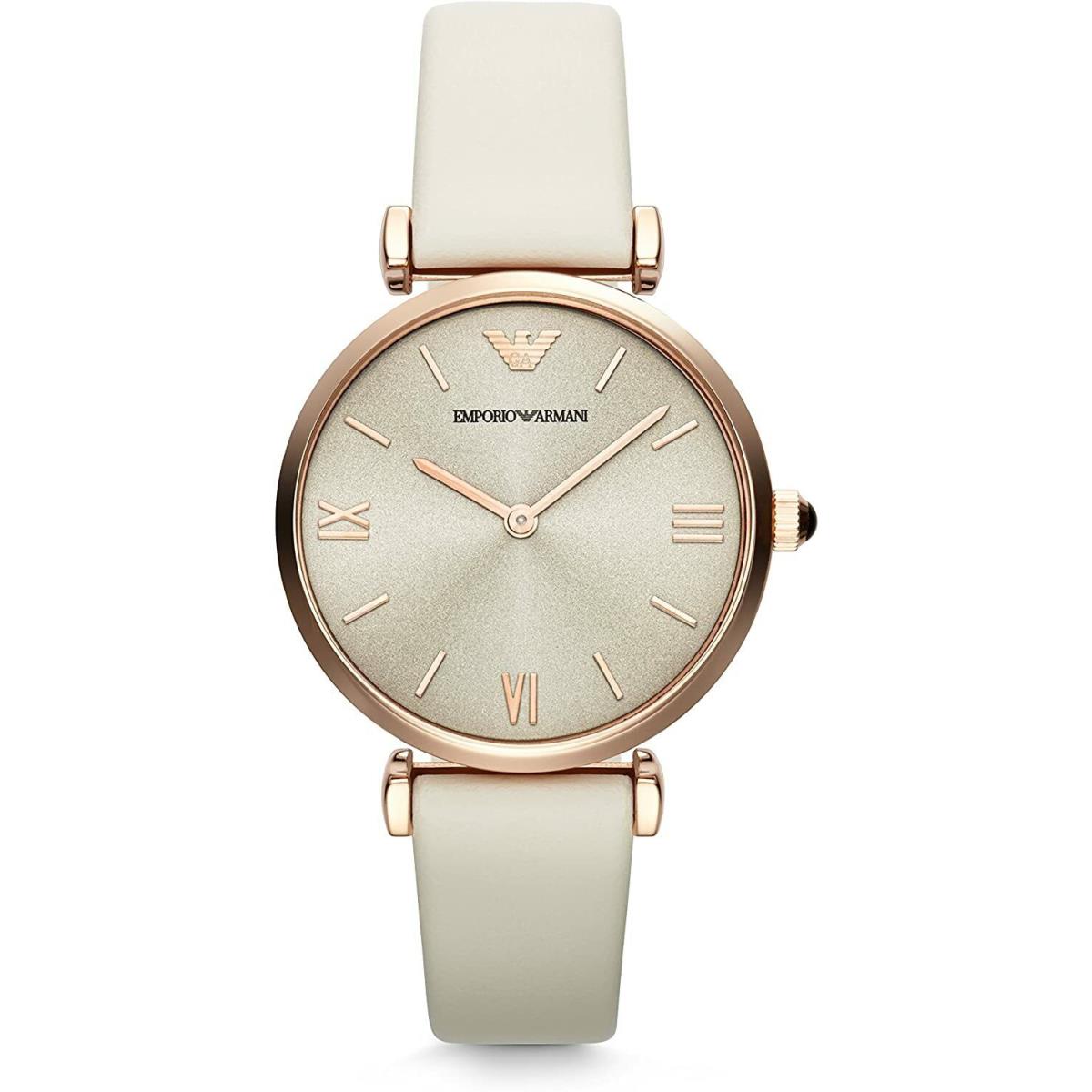 Emporio Armani AR1769 Rose Gold Tone Beige Dial White Leather Strap Womens Watch