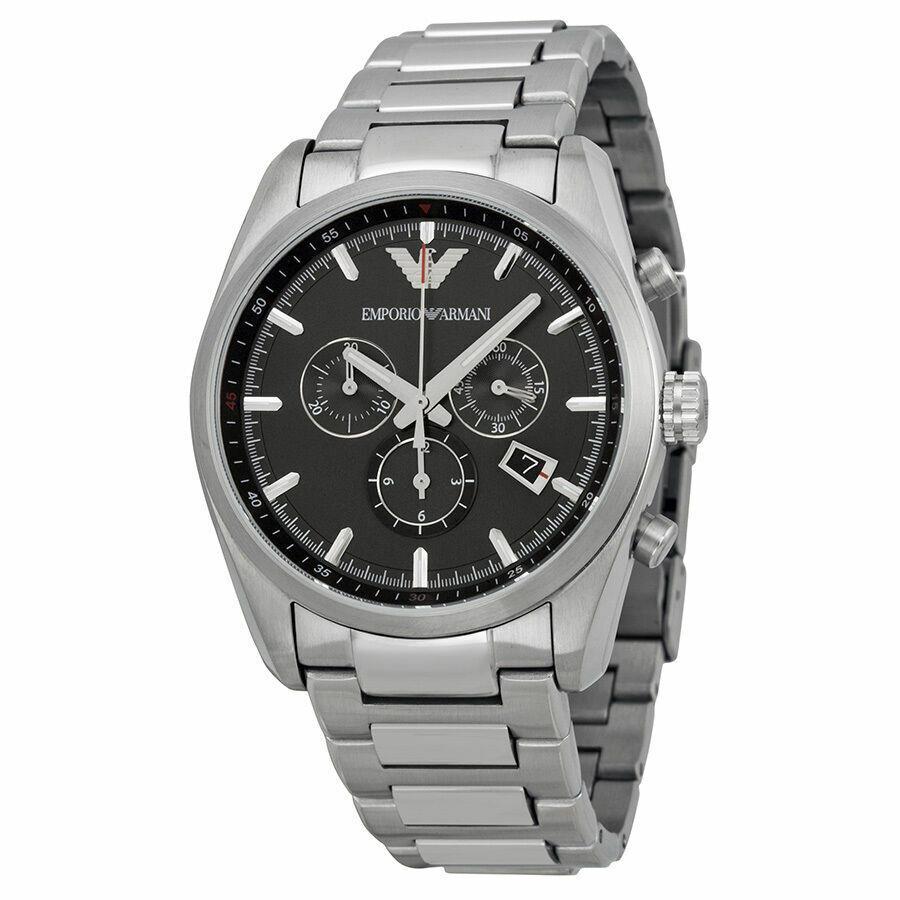 Emporio Armani Sportive Stainless Steel Chronograph Men`s Dress Watch AR6050 - Black Dial, Silver Band