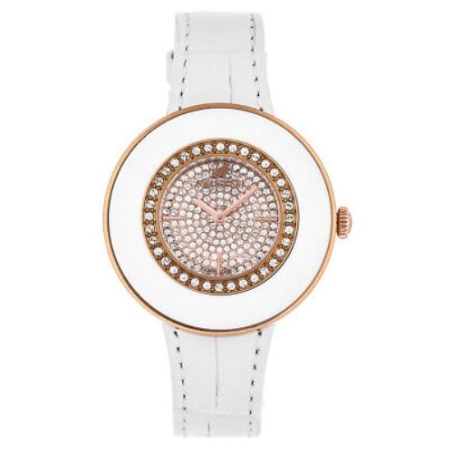 Swarovski Octea Dressy White Rose Gold Steel White Leather Women`s Watch 5095383 - Dial: full pavé numbers - rose gold-plated index marker, Band: White