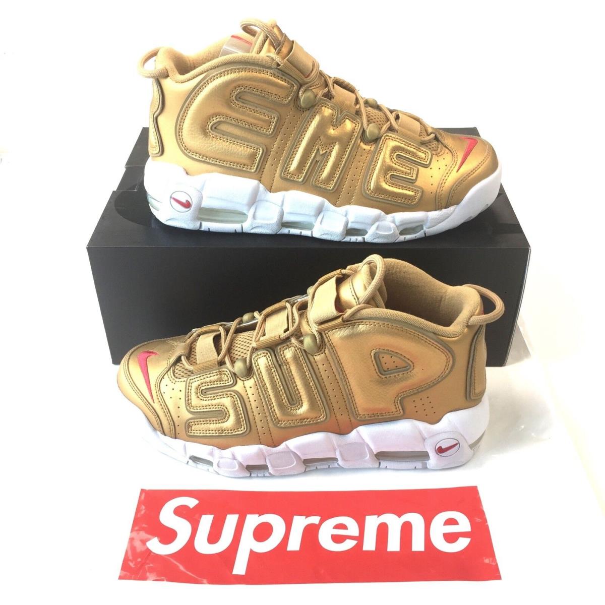 Nike Supreme NY Mens Gold Metallic Air More Uptempo Sneakers 10 DS