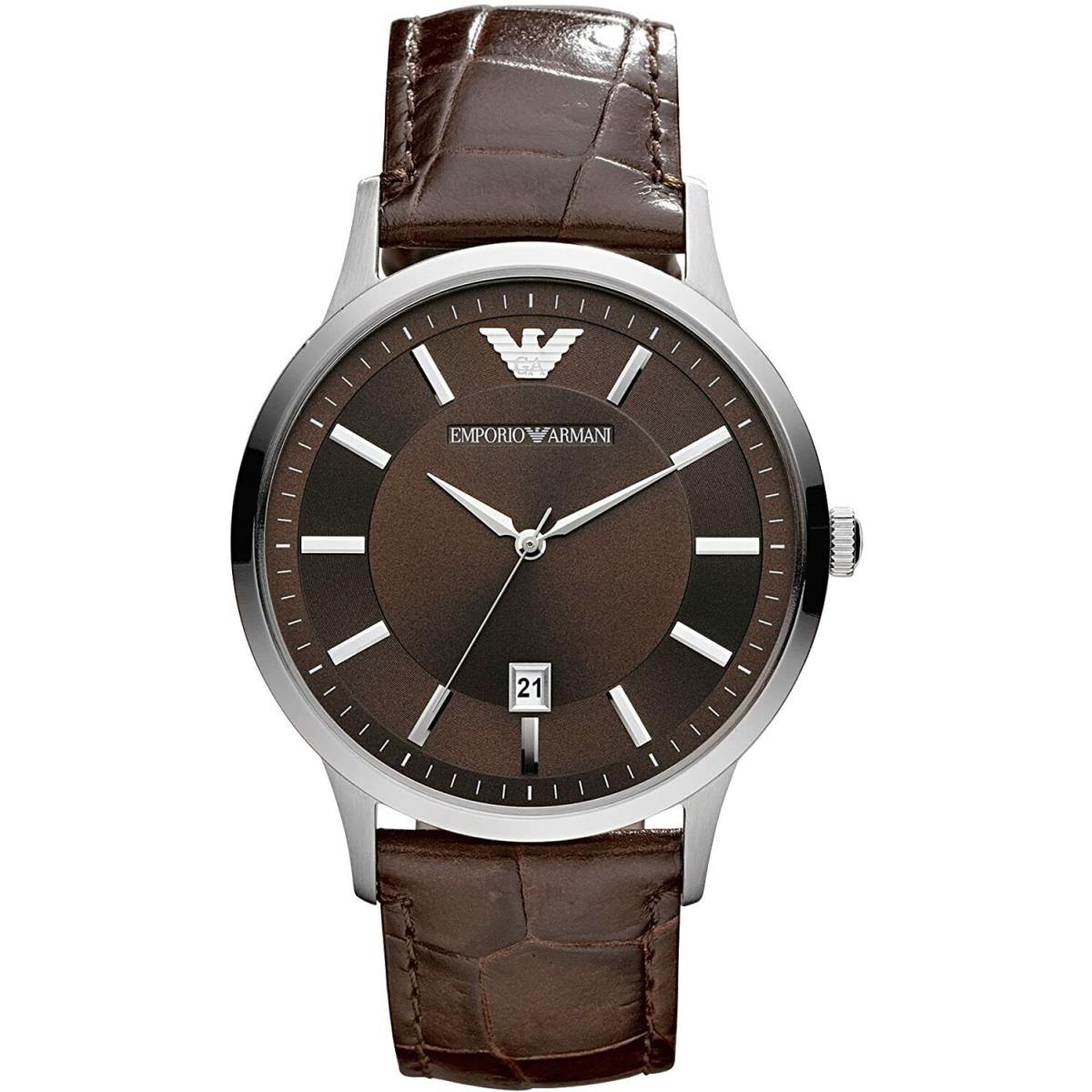 Emporio Armani AR2413 Silver Tone Brown Dial Brown Leather Strap Mens Watch